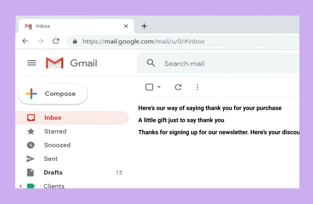 email inbox with a thank You 