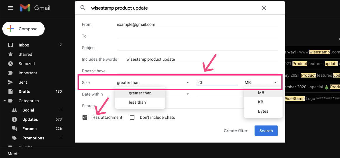 Gmail search - has attachment - search by size - greater than