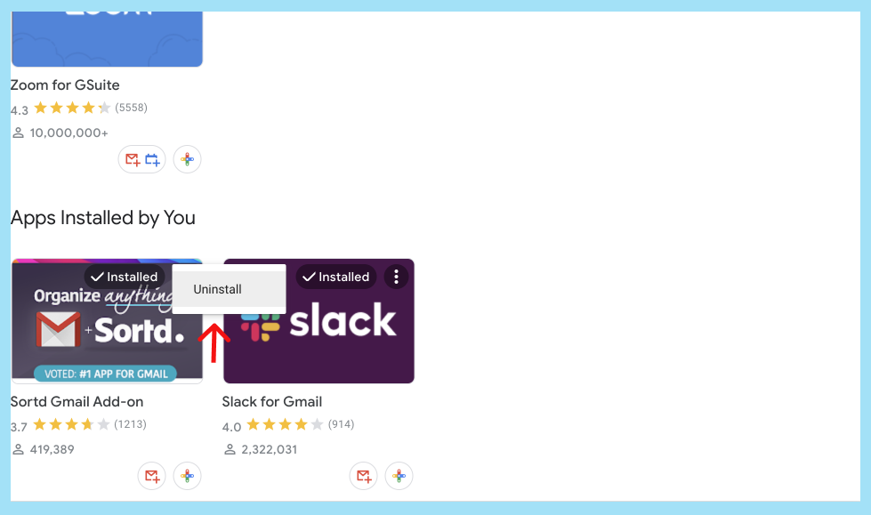 google add ons store arrow pointing uninstall