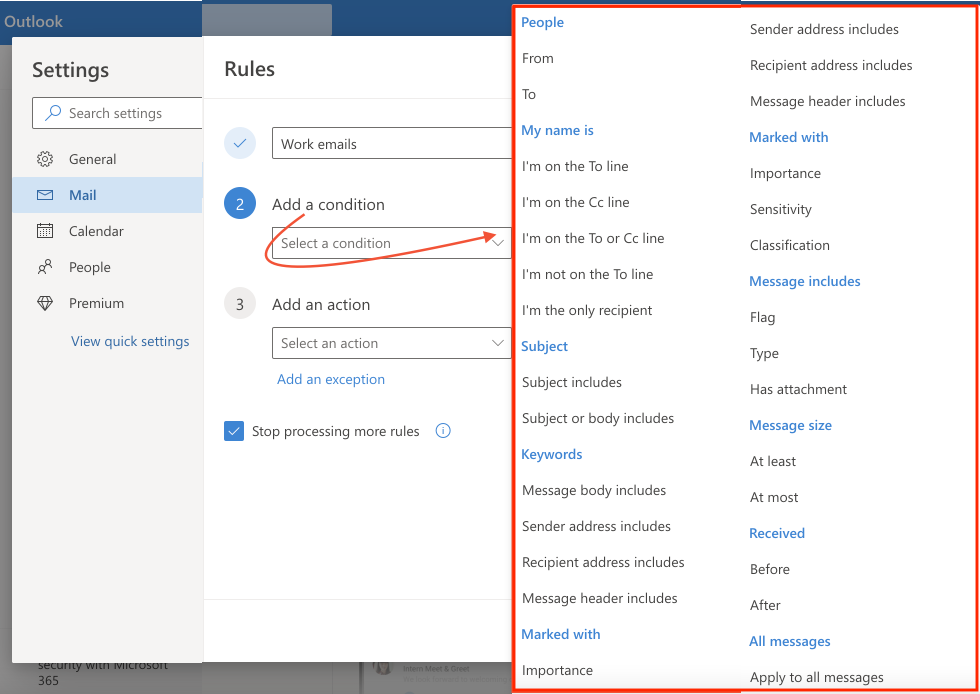 Outlook incoming emails into specific folders automatically condtions options