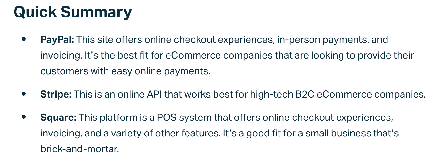 summary overview of gateway payments paypal, stripe, and square