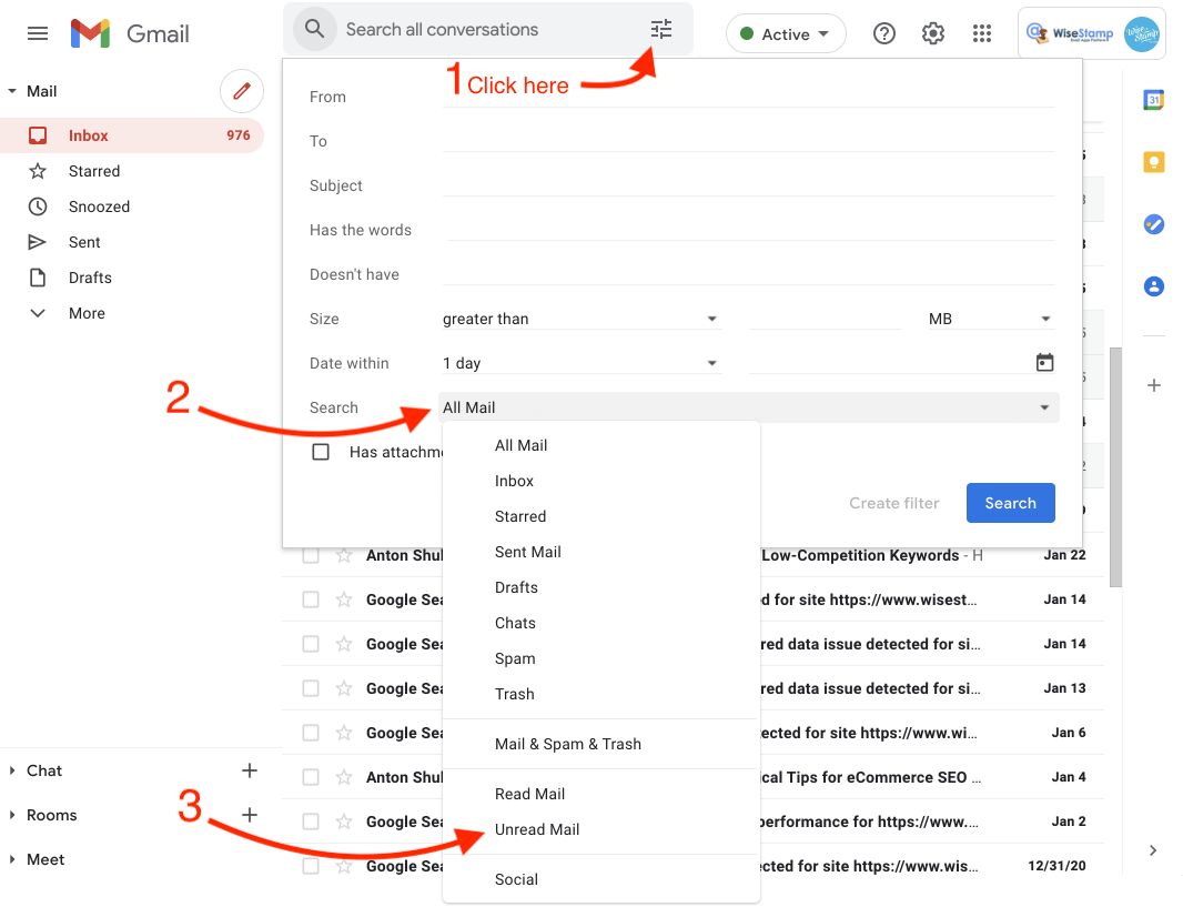 sort emails in gmail by unread